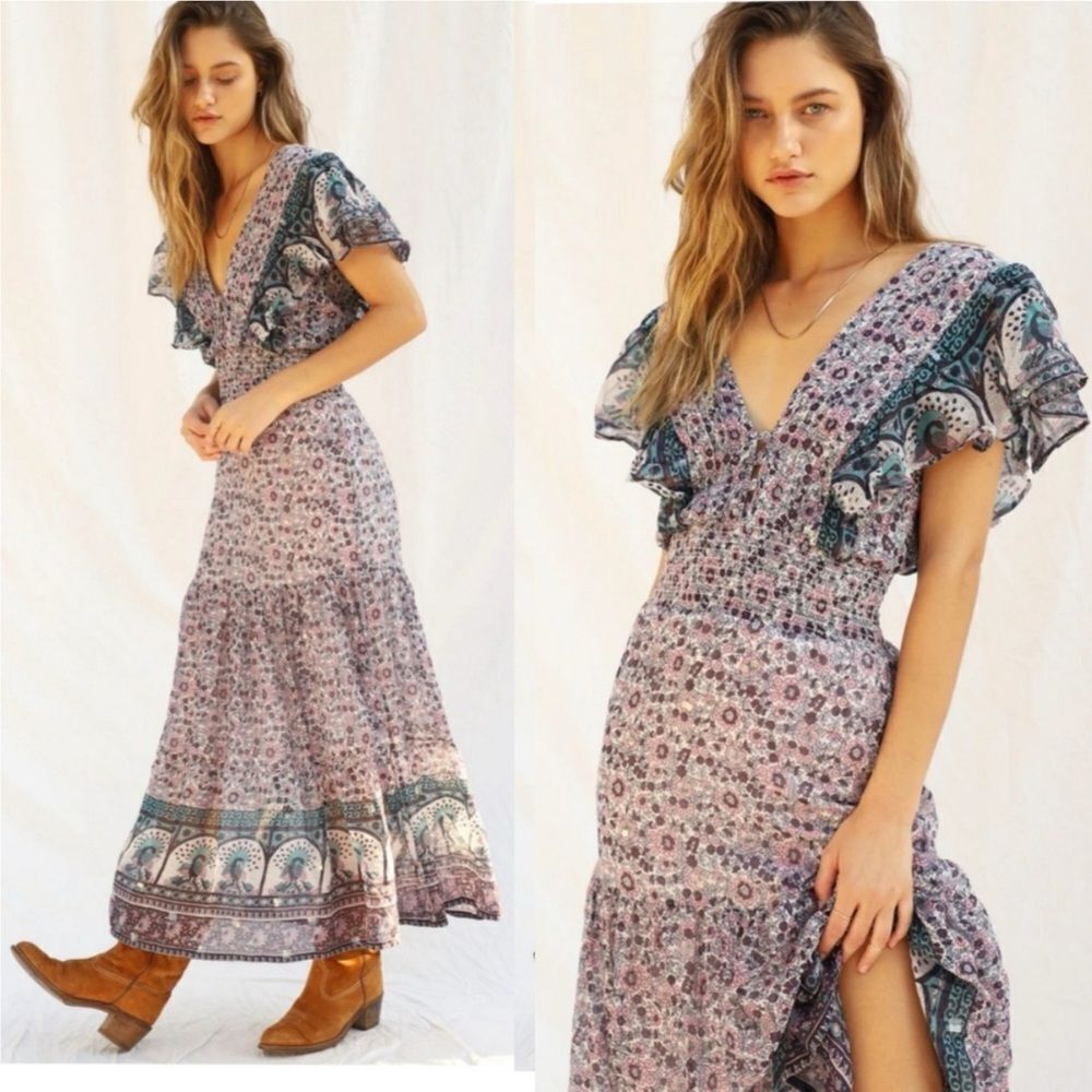 Free People Collab Silva Sequin Jen’s Pirate 
 Floral Maxi Dress Ruffle Sleeves